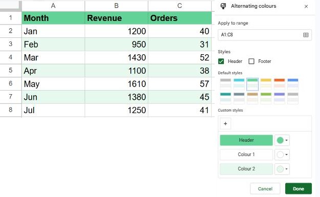 Google Sheets table with alternating row colors and the Alternating colors panel open