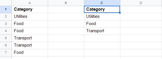 After clearing C3, the UNIQUE formula in C1 fills C1:C4 with Category, Utilities, Food and Transport