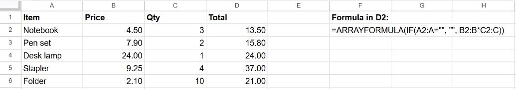 ARRAYFORMULA in Google Sheets multiplying price by quantity for every row from a single formula