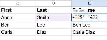 Typing =A2&" "&B2 in Google Sheets to join a first name and last name into a full name