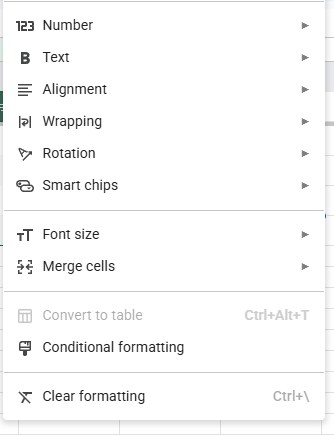 Google Sheets Format menu with Convert to table greyed out