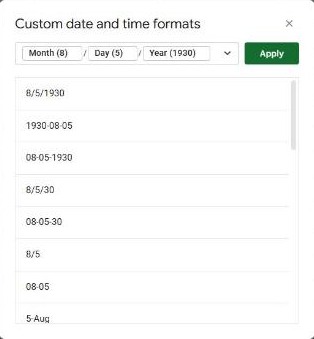 Custom date and time formats dialog in Google Sheets with Month, Day and Year parts and a list of suggested formats