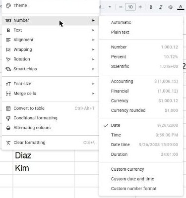 Google Sheets Format menu with Number submenu open showing Date, Time, Date time and Custom date and time