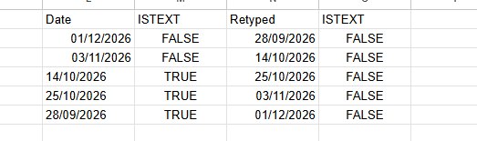 Retyped column after the locale change: 28/09/2026, 14/10/2026, 25/10/2026, 03/11/2026, 01/12/2026, all ISTEXT FALSE