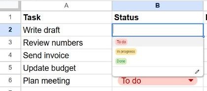 A drop-down list open in a Google Sheets cell showing the options To do, In progress and Done