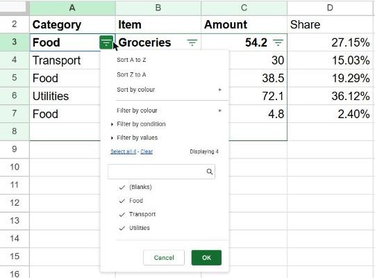Filter menu open on the Category column in Google Sheets with Filter by values showing Food, Transport and Utilities