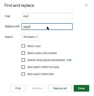 Find and replace dialog in Google Sheets with Find and Replace with boxes and options like Match case and Search using regular expressions
