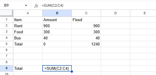 Google Sheets cell B9 showing =SUM(C2:C4) as text because the formula starts with a space