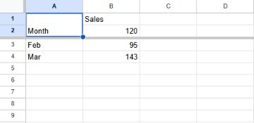 Google Sheets with two rows frozen and the merged cell A1:A2 fully inside the frozen area