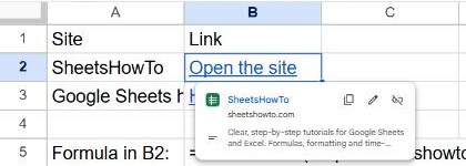 Link preview card in Google Sheets showing the page title and description when a link cell is selected