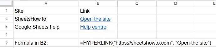 HYPERLINK formulas in Google Sheets showing clickable link text