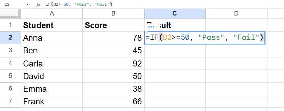 Typing =IF(B2>=50, "Pass", "Fail") in cell C2 of Google Sheets next to a list of student scores