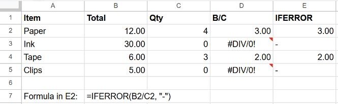 Google Sheets column where IFERROR shows a dash instead of #DIV/0!