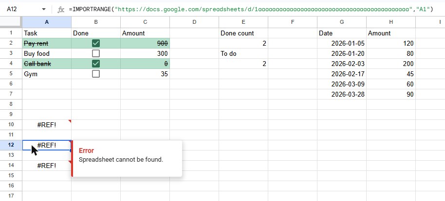 Google Sheets IMPORTRANGE with a made-up file ID showing #REF! and the tooltip Spreadsheet cannot be found.