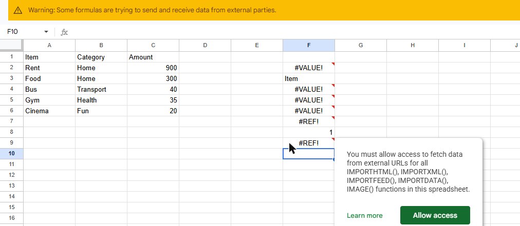 Google Sheets yellow banner Warning: Some formulas are trying to send and receive data from external parties, and a #REF! tooltip You must allow access to fetch data from external URLs with an Allow access button