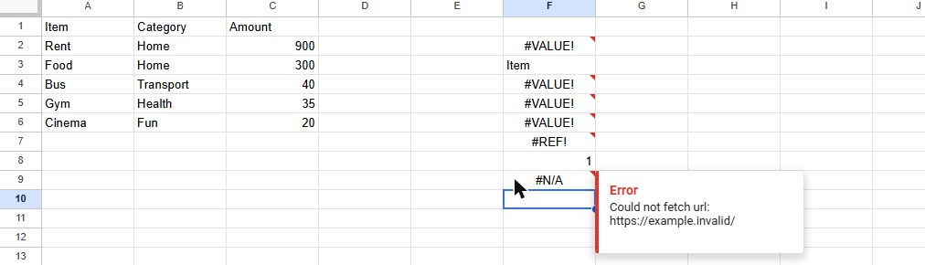 Google Sheets #N/A with the tooltip Error Could not fetch url: https://example.invalid/