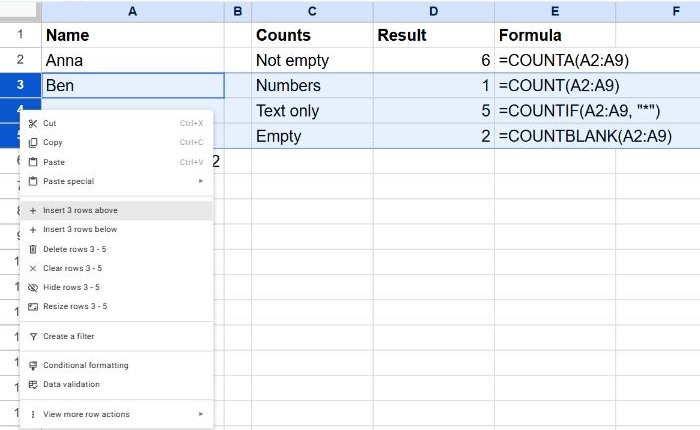 Google Sheets right-click menu on three selected rows showing Insert 3 rows above and Insert 3 rows below
