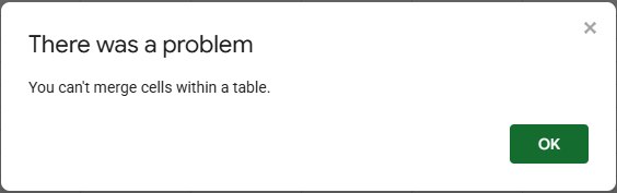 Google Sheets dialog: There was a problem. You can't merge cells within a table.