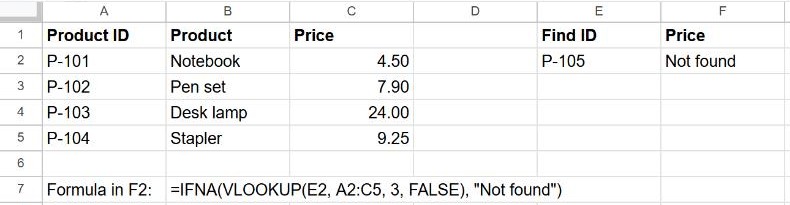 The same lookup wrapped in IFNA, showing Not found instead of #N/A