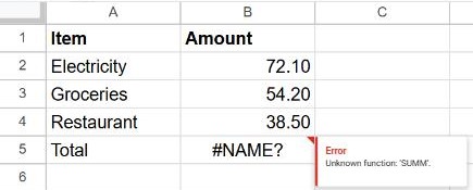 Google Sheets cell showing #NAME? with the tooltip Unknown function: 'SUMM'