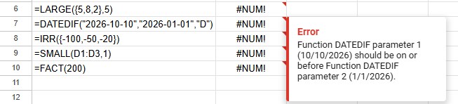 Google Sheets tooltip: Function DATEDIF parameter 1 (10/10/2026) should be on or before Function DATEDIF parameter 2 (1/1/2026).