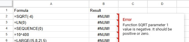 Google Sheets tooltip: Error. Function SQRT parameter 1 value is negative. It should be positive or zero.