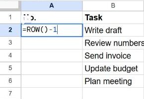 Typing =ROW()-1 in cell A2 of Google Sheets to number the first data row as 1