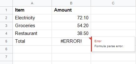Google Sheets total cell showing #ERROR! with the tooltip Error: Formula parse error.