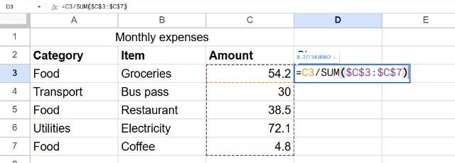 Typing =C3/SUM($C$3:$C$7) in cell D3 of Google Sheets next to a list of expenses