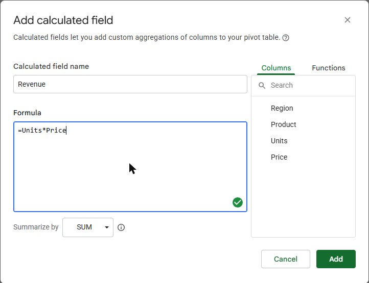 Google Sheets Add calculated field window with name Revenue, formula =Units*Price, Summarize by SUM and the list of columns Region, Product, Units, Price