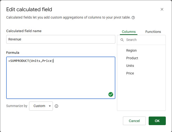 Google Sheets Edit calculated field window with formula =SUMPRODUCT(Units,Price) and Summarize by Custom