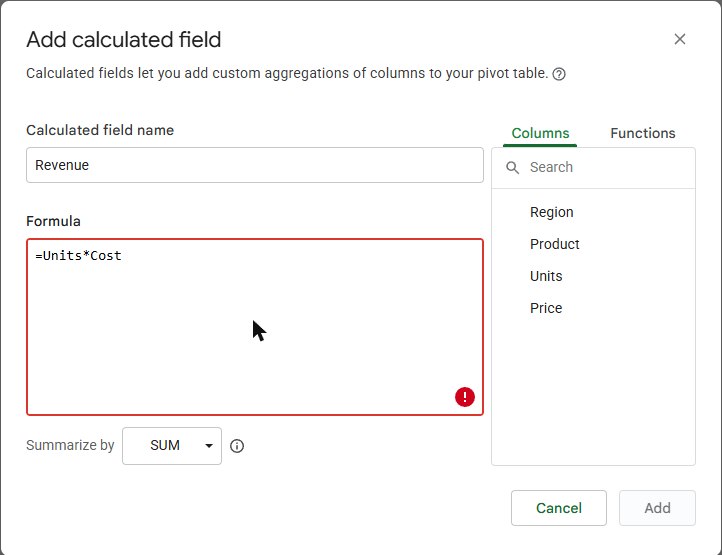 Add calculated field window with formula =Units*Cost outlined in red and the Add button disabled