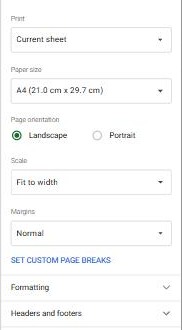 Google Sheets print settings panel with Print, Paper size, Page orientation, Scale and Margins