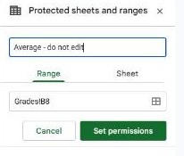 Protected sheets and ranges panel in Google Sheets with a range description and Set permissions button