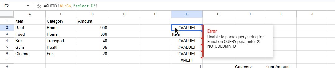 Google Sheets QUERY(A1:C6,"select D") returning #VALUE! with the tooltip Unable to parse query string for Function QUERY parameter 2: NO_COLUMN: D