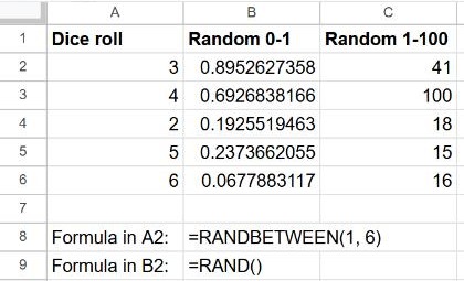 RANDBETWEEN dice rolls, RAND decimals and random numbers from 1 to 100 in Google Sheets