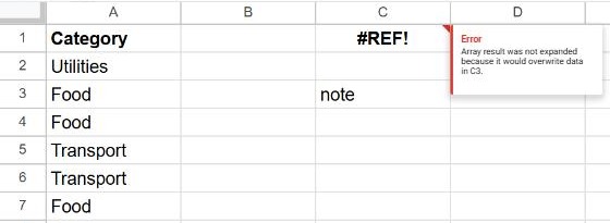 UNIQUE formula showing #REF! with the tooltip Array result was not expanded because it would overwrite data in C3