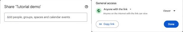 Google Sheets Share dialog with the box to add people on the left and General access set to Anyone with the link on the right