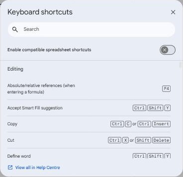 Google Sheets Keyboard shortcuts dialog with a search box and the Editing section