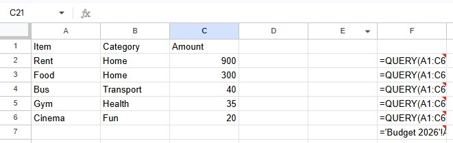 Google Sheets with Show formulas turned on: column F shows =QUERY(A1:C6... formulas instead of results