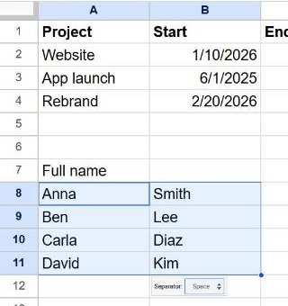Full names split into first name and last name columns in Google Sheets, with the Separator box set to Space