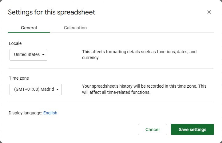 Google Sheets Settings for this spreadsheet window, General tab, Locale United States, Time zone and Save settings button