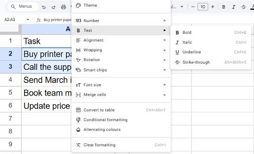 Google Sheets Format menu with the Text submenu open showing Bold, Italic, Underline and Strikethrough