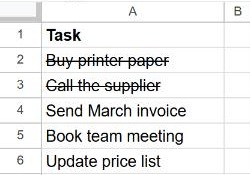 Task list in Google Sheets with the first two tasks crossed out