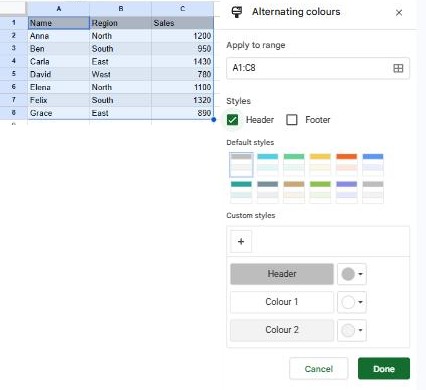 Alternating colours panel in Google Sheets with the Header option ticked