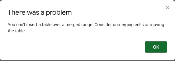 Google Sheets dialog: There was a problem. You can't insert a table over a merged range. Consider unmerging cells or moving the table.