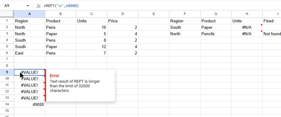 Google Sheets =REPT("a",60000) showing #VALUE! with the tooltip Text result of REPT is longer than the limit of 32000 characters.