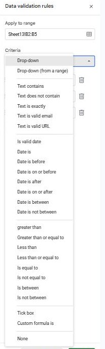 Full list of data validation criteria in Google Sheets: drop-downs, text, dates, numbers, tick box and custom formula