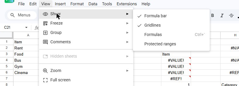 Google Sheets View menu, Show submenu with Formula bar, Gridlines, Formulas Ctrl+` and Protected ranges