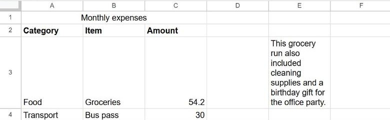 Long note text wrapped onto several lines inside cell E3, with the row height increased automatically